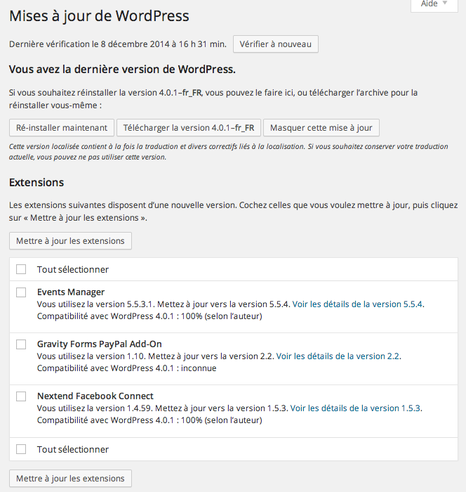 mise à jour wordpress plugins