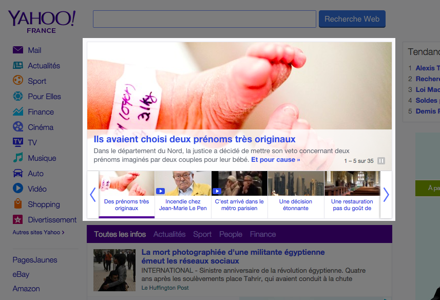 Le carousel de la page d'accueil de Yahoo